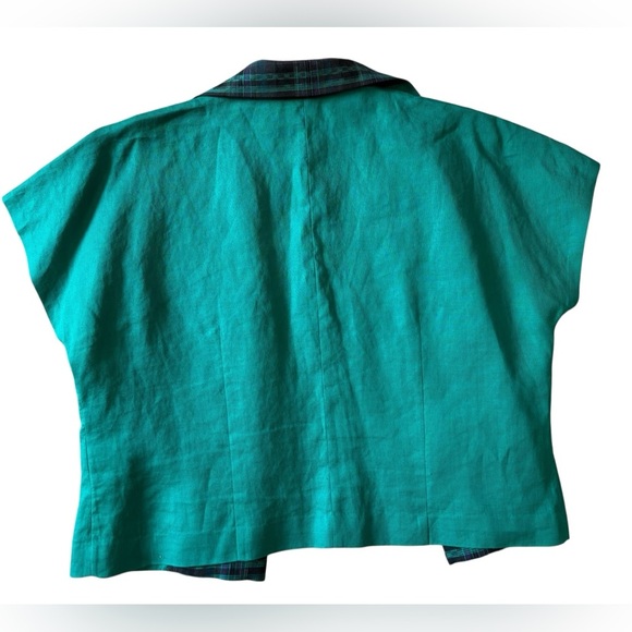 Y2K 90s ADDENDA Green Plaid Open Front Asymmetrical Crop Blazer Jacket, Small - Picture 2 of 10